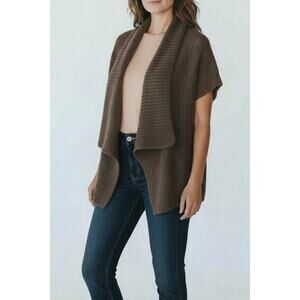 Kenar Open Front Short Sleeve Cardigan Large Brown Wool Textured Knit Sweater